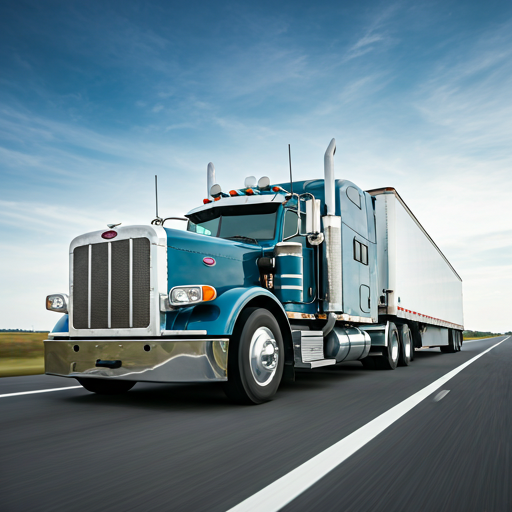 Cinematic shot of step deck truck on an open highway